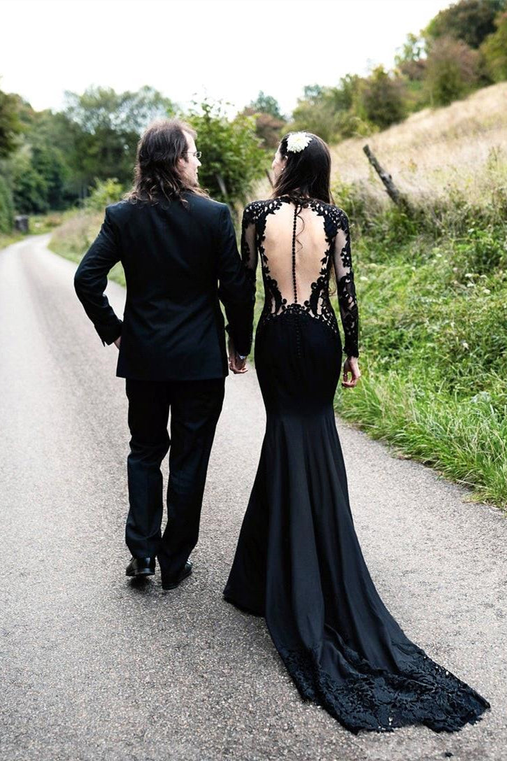 Black Long Sleeves Mermaid Wedding Dress with Sweep Train - Prom Dresses - DINIBLO 