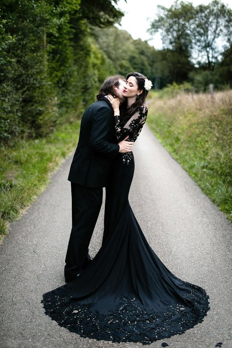 Black Long Sleeves Mermaid Wedding Dress with Sweep Train - Prom Dresses - DINIBLO 