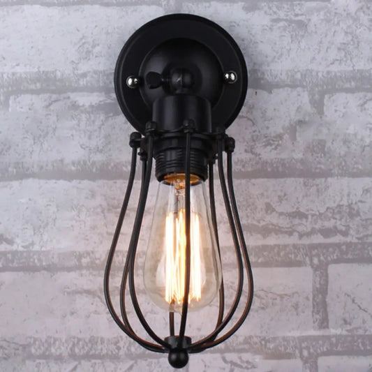 Black Metal Cage Wall Mount Light with Pivot Joint - Industrial Bedroom Sconce Lamp -  - DINIBLO 