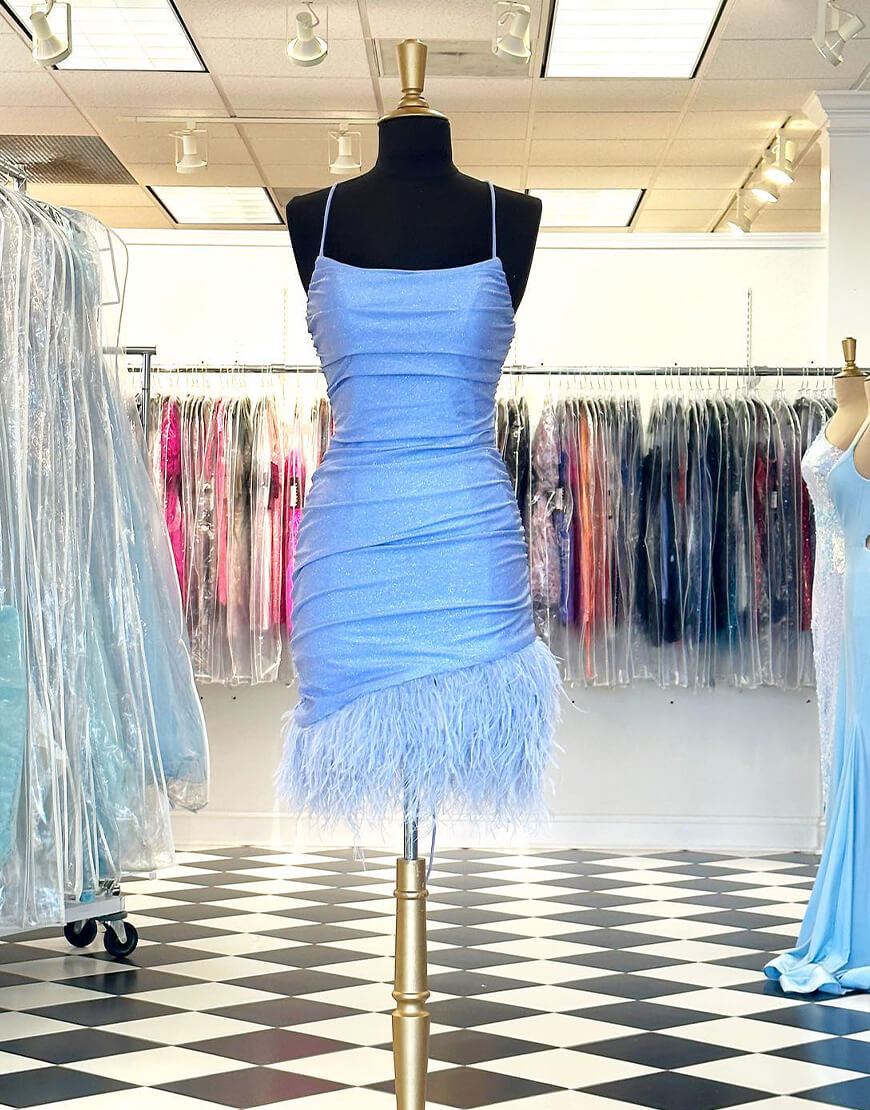 Anastasia |Sheath Blue Homecoming Dress with Feathers - Homecoming Dress - DINIBLO 