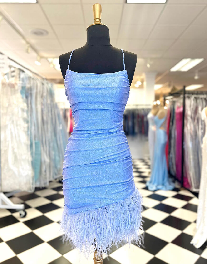 Anastasia |Sheath Blue Homecoming Dress with Feathers - Homecoming Dress - DINIBLO 