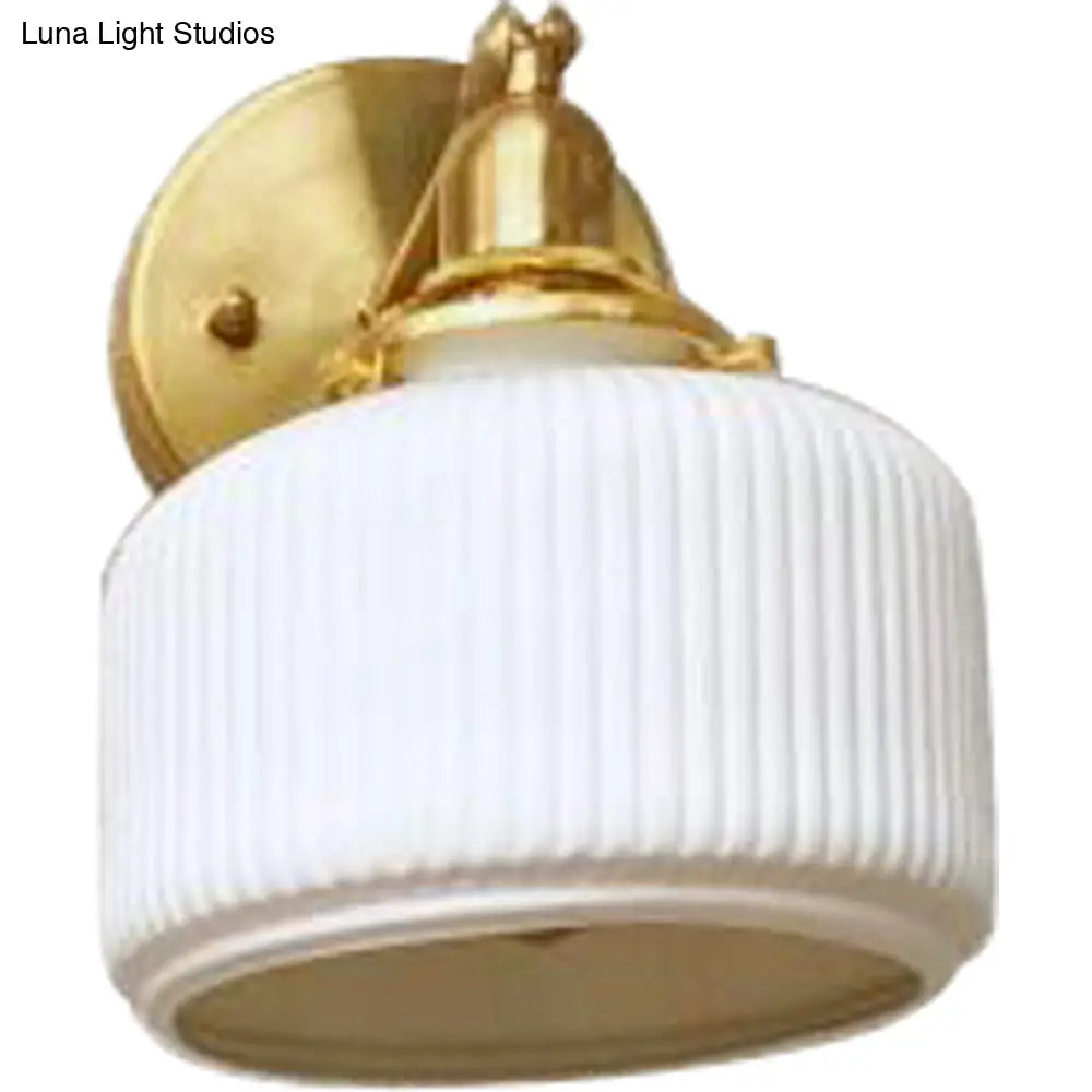 Brass Pivot Joint Foyer Sconce: Round Ribbed Glass Wall Light with White Simplicity (1 Bulb) -  - DINIBLO 