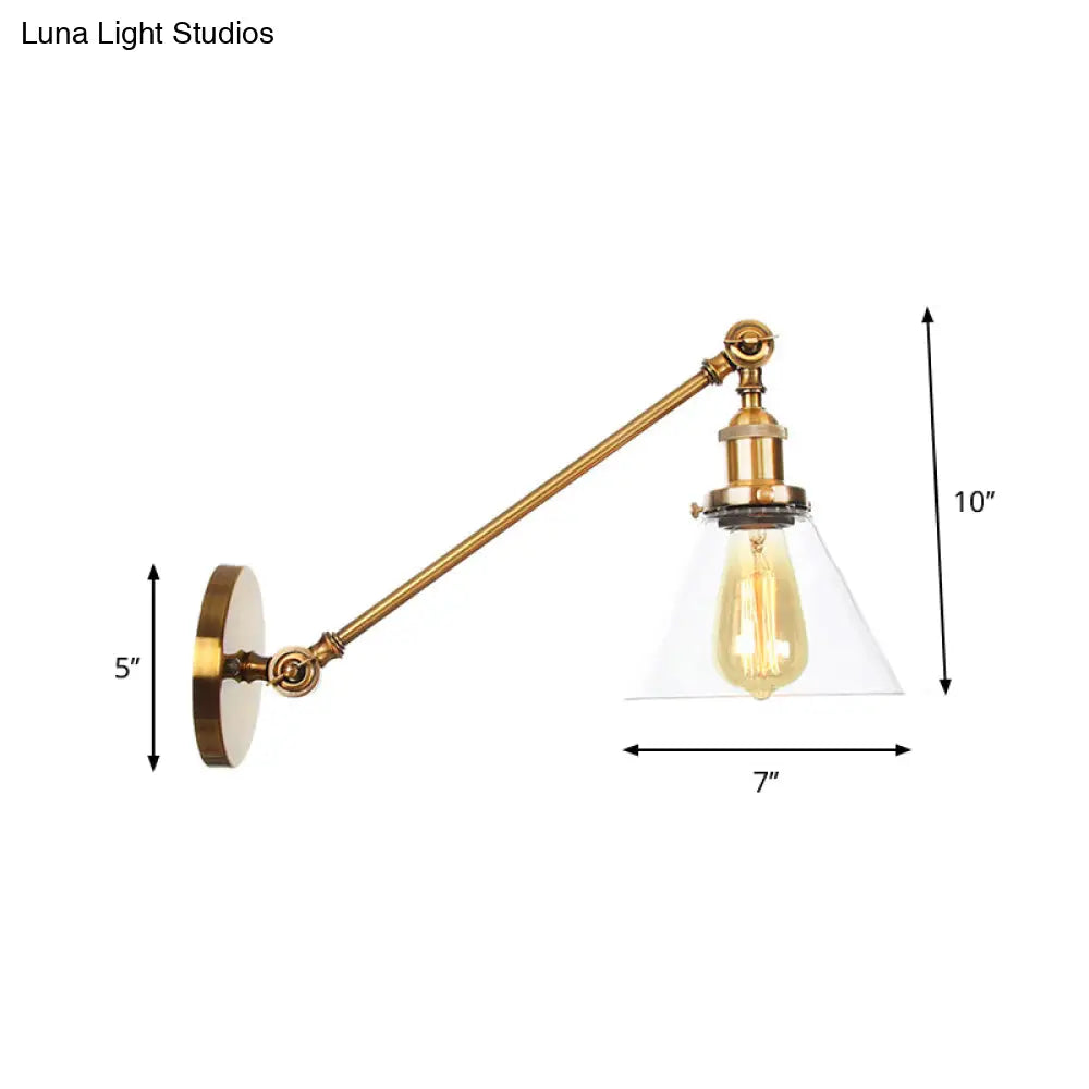 Brass Wall Mounted Clear Glass Sconce Light with Rotating Single-Bulb Saucer/Cone Design & Straight Arm -  - DINIBLO 