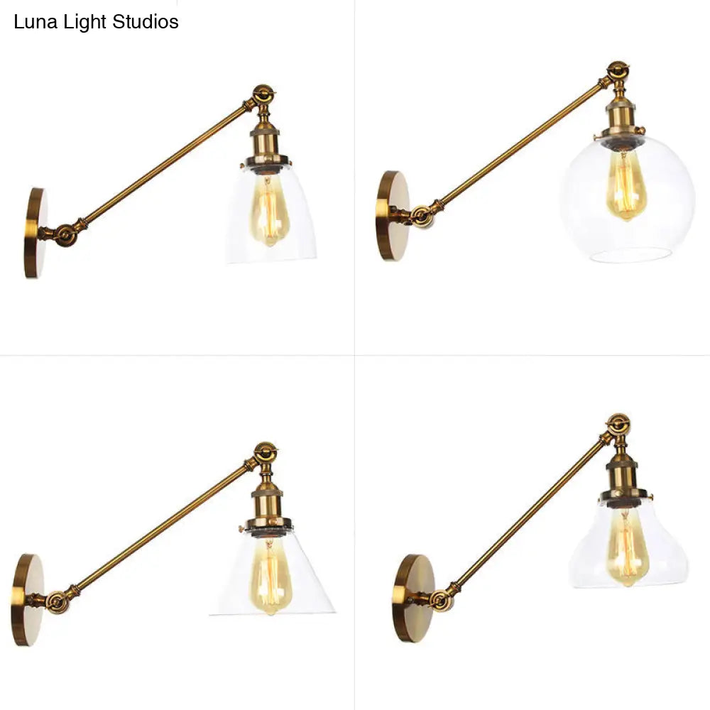 Brass Wall Mounted Clear Glass Sconce Light with Rotating Single-Bulb Saucer/Cone Design & Straight Arm -  - DINIBLO 