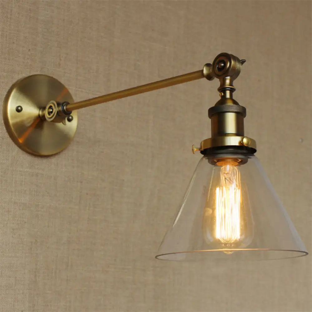 Brass Wall Mounted Clear Glass Sconce Light with Rotating Single-Bulb Saucer/Cone Design & Straight Arm -  - DINIBLO 