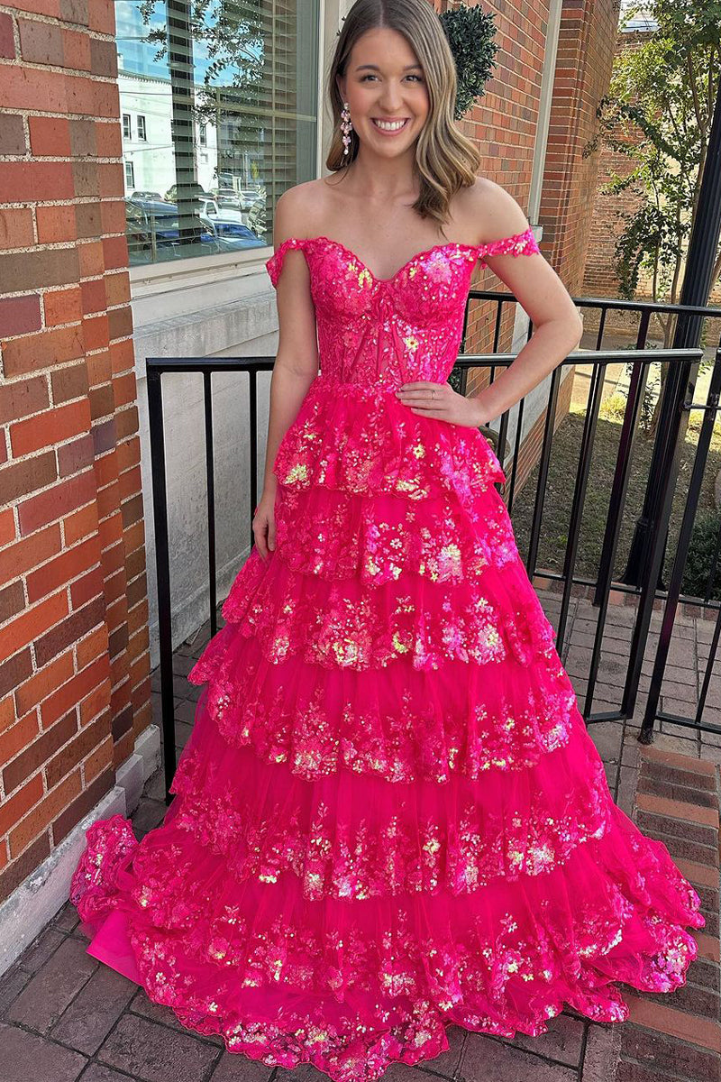 Leona |Princess Off the Shoulder Sequined Lace Prom Dress - Prom Dress - DINIBLO 