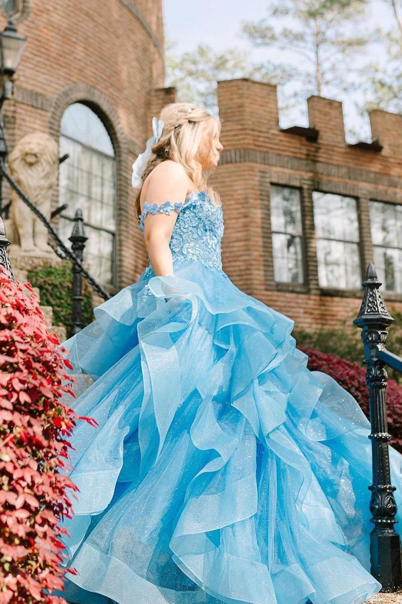 Blue Off the Shoulder Ruffle Tiered Tulle Long Prom Dresses with Appliques - Prom Dress - DINIBLO 