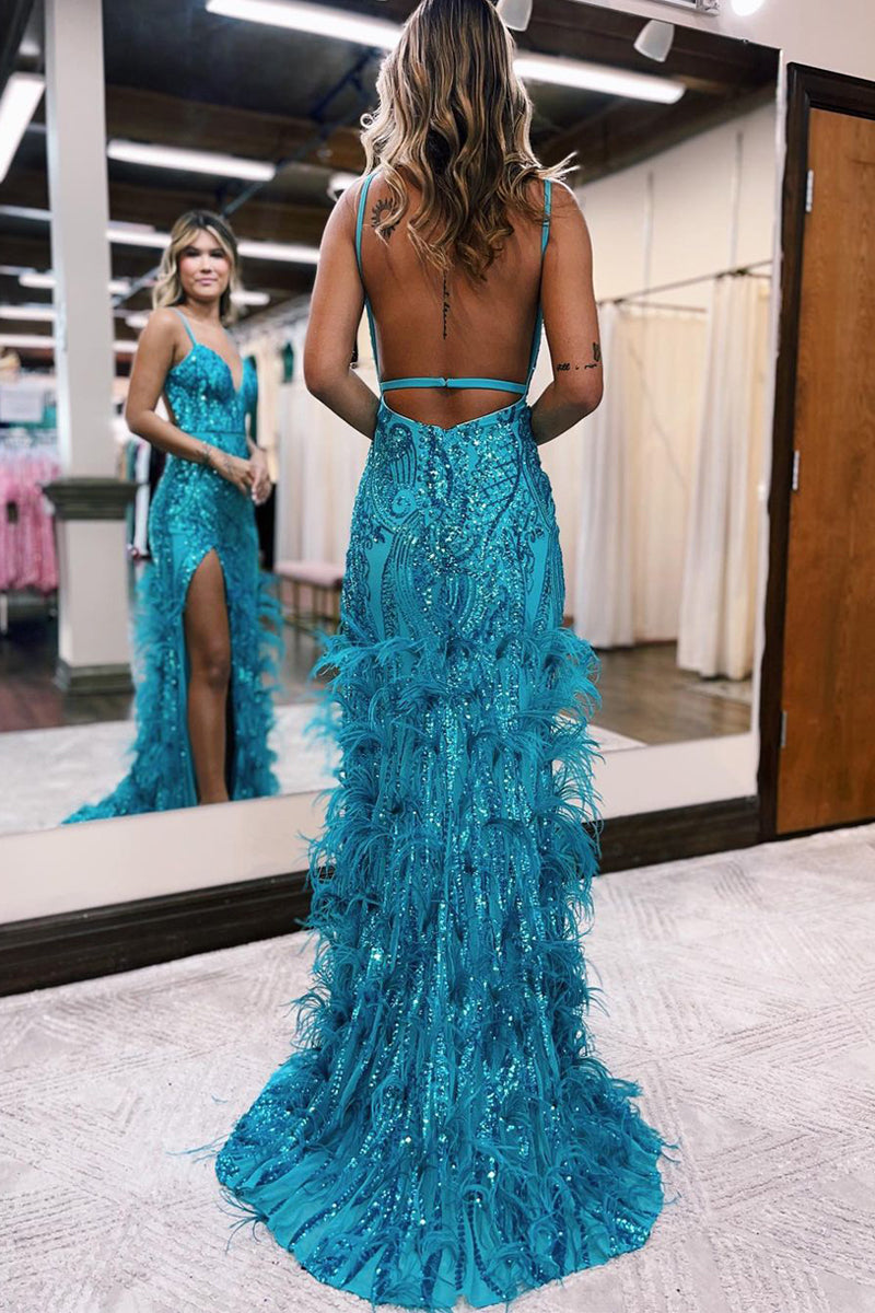 Sonia | Jade Sequin Lace V Neck Mermaid Prom Dresses with Slit - Prom Dress - DINIBLO 