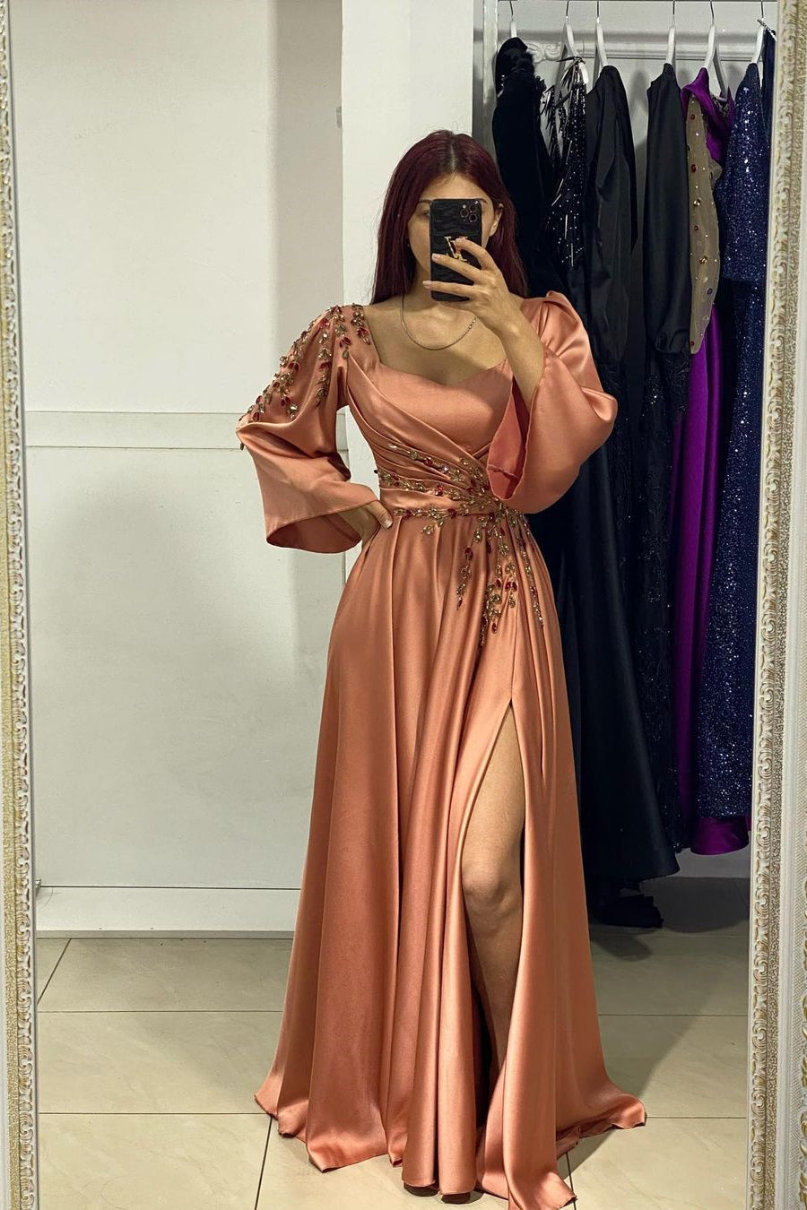 Charming Long Front Split A-Line Long Sleeves Prom Dress With Rhinestone - Prom Dresses - DINIBLO 