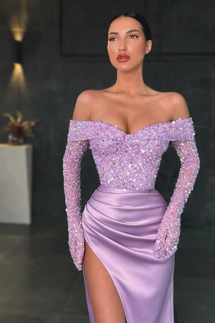 Charming Long Mermaid Off-the-shoulder Long Sleeves Lace Prom Dress With Slit - Prom Dresses - DINIBLO 