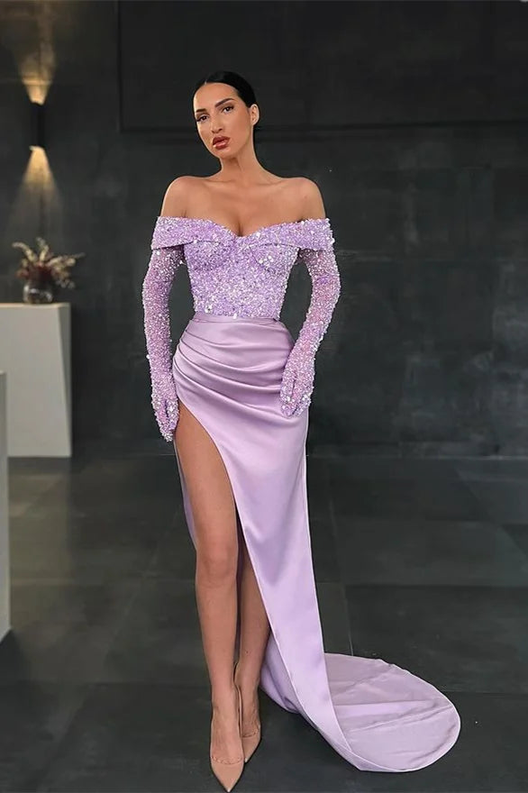 Charming Long Mermaid Off-the-shoulder Long Sleeves Lace Prom Dress With Slit - Prom Dresses - DINIBLO 