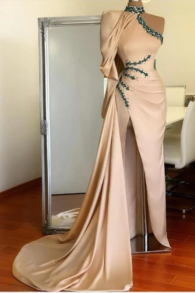 Charming Long One Shoulder Beading Long Sleeve Split Prom Dress With Train - Prom Dresses - DINIBLO 