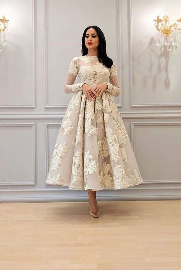 Charming Long Sleeves Floral A-line Evening Dress Ankle Length Party Dress - Prom Dresses - DINIBLO 