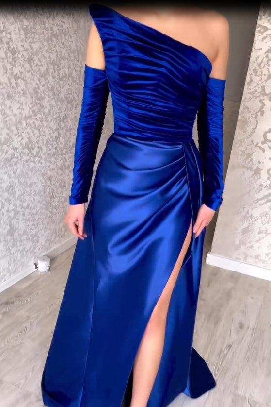 Charming Long Strapless A-Line Split Front Prom Dress With Long Sleeves - Prom Dresses - DINIBLO 