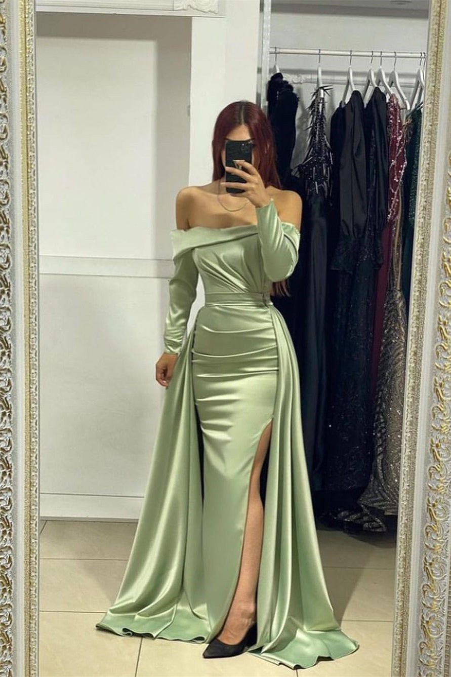 Charming Long Strapless Front Split Satin Mermaid Prom Dress With Long Sleeves - Prom Dresses - DINIBLO 