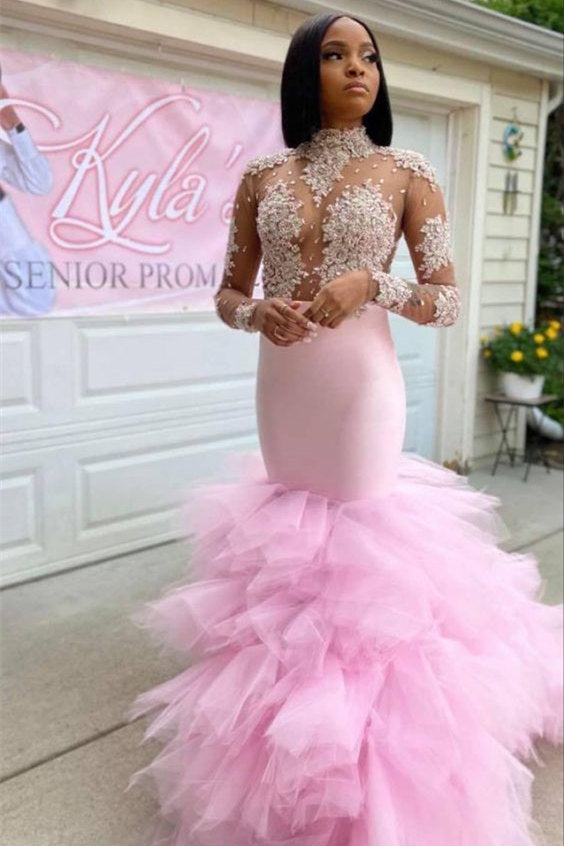 Charming Pink Halter Long Sleeve Transparent lace Column Mermaid Floor-length Prom Dresses - Prom Dresses - DINIBLO 