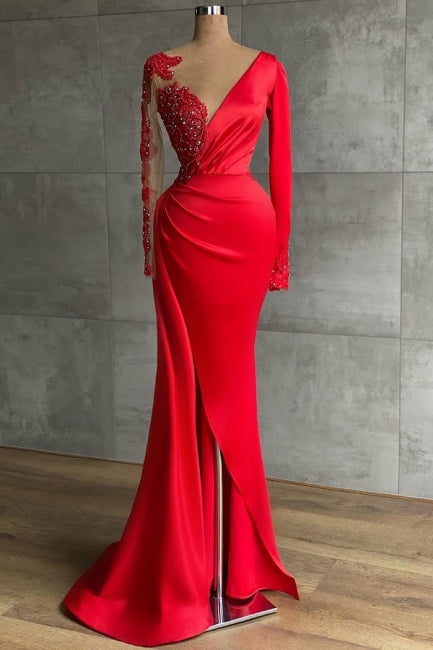 Charming Red Beading Mermaid Prom Dress Side Slit with Lace - Prom Dresses - DINIBLO 