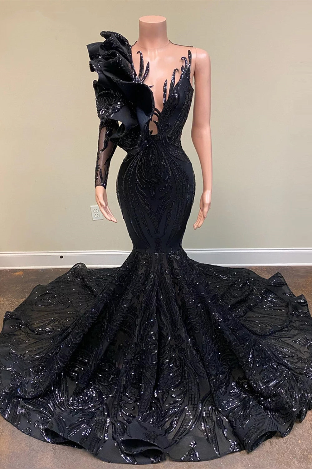 Chic Black Long Sleeve Asymmetrical Floor Length Mermaid Prom Dress - Prom Dresses - DINIBLO 