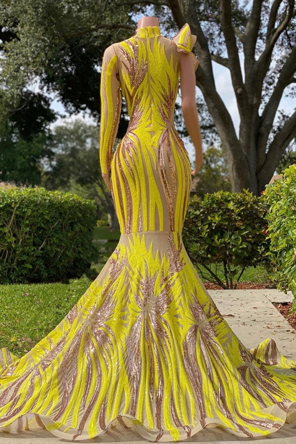 Chic Yellow High Neck Long Sleeve One Shoulder Mermaid Prom Dress - Prom Dresses - DINIBLO 