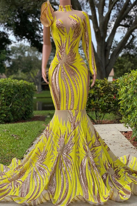 Chic Yellow High Neck Long Sleeve One Shoulder Mermaid Prom Dress - Prom Dresses - DINIBLO 