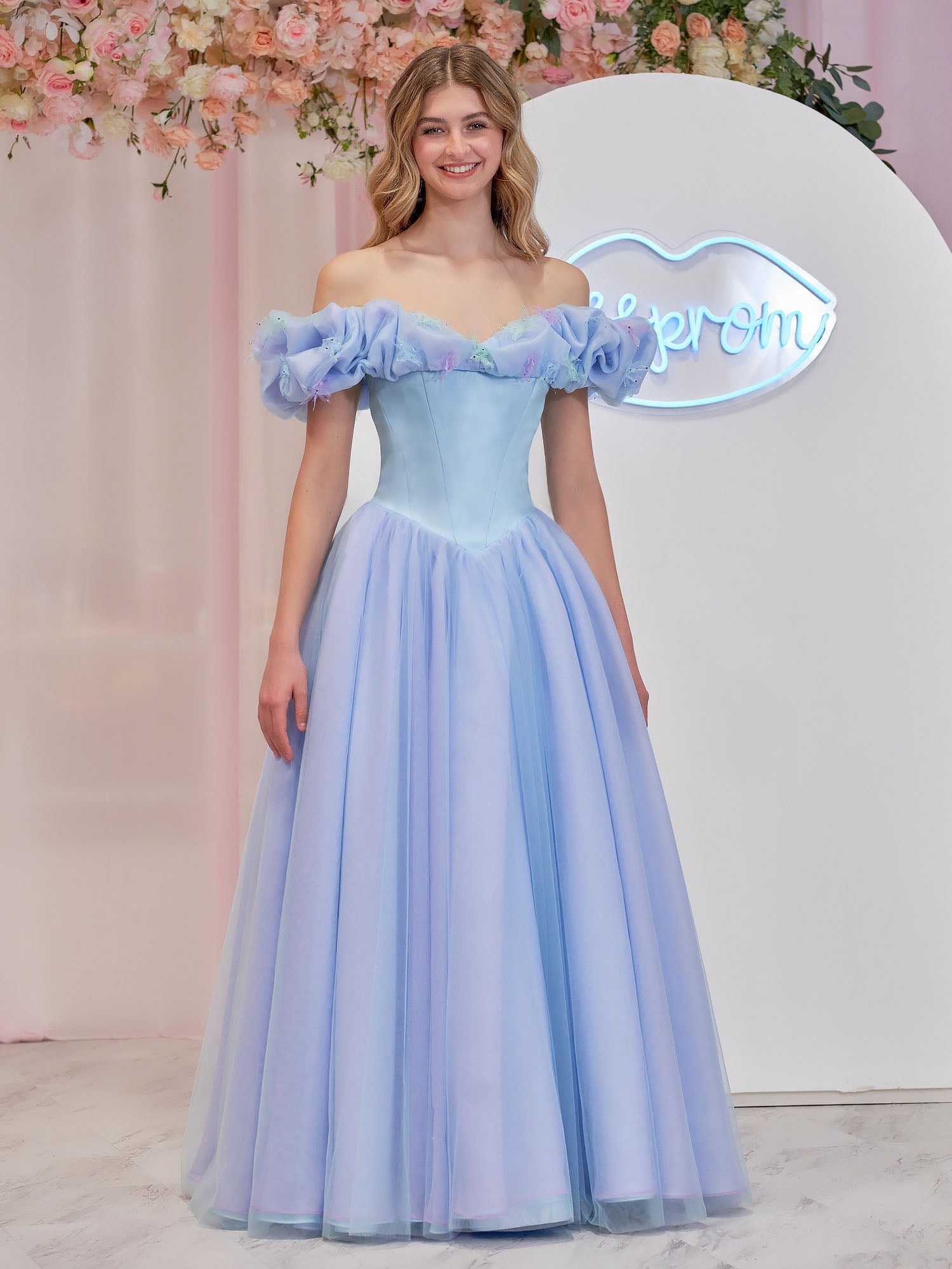 Isabel | Cinderella Blue Tulle Off the Shoulder With Crystals & Butterflies Ball Gown - Prom Dress - DINIBLO 