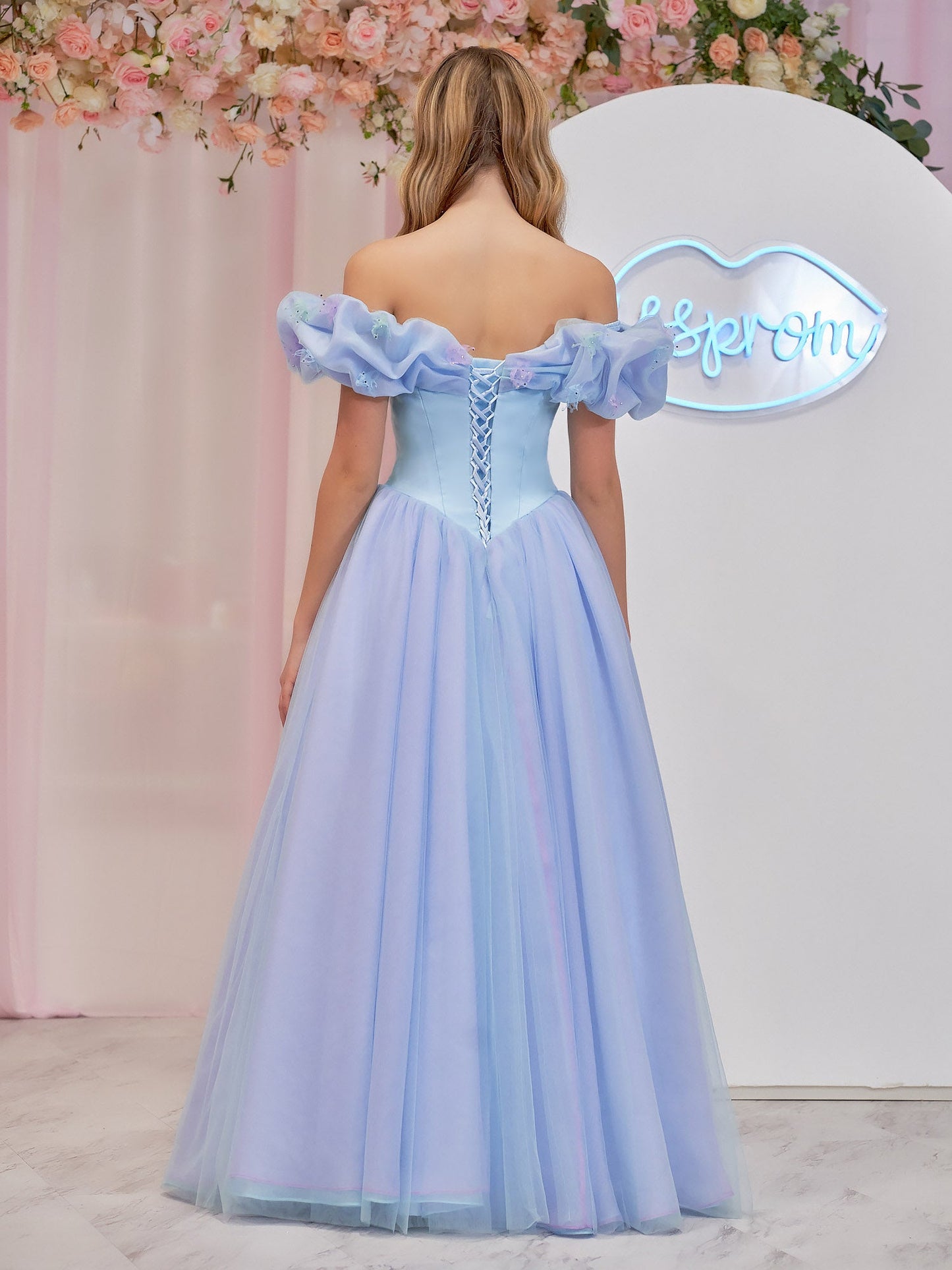 Isabel | Cinderella Blue Tulle Off the Shoulder With Crystals & Butterflies Ball Gown - Prom Dress - DINIBLO 