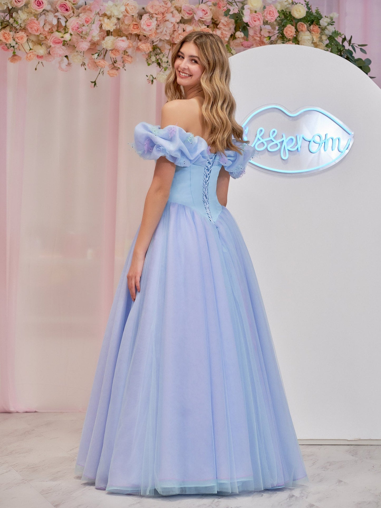 Isabel | Cinderella Blue Tulle Off the Shoulder With Crystals & Butterflies Ball Gown - Prom Dress - DINIBLO 