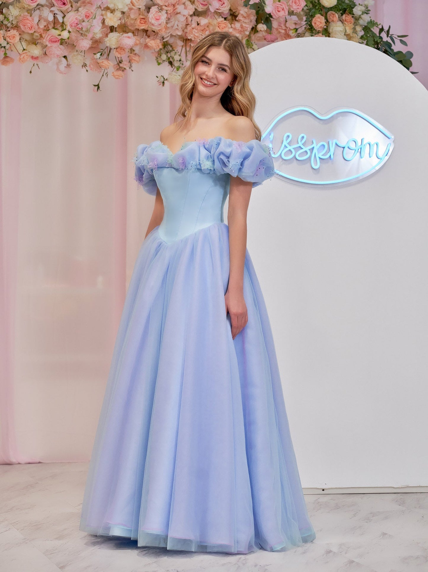 Isabel | Cinderella Blue Tulle Off the Shoulder With Crystals & Butterflies Ball Gown - Prom Dress - DINIBLO 