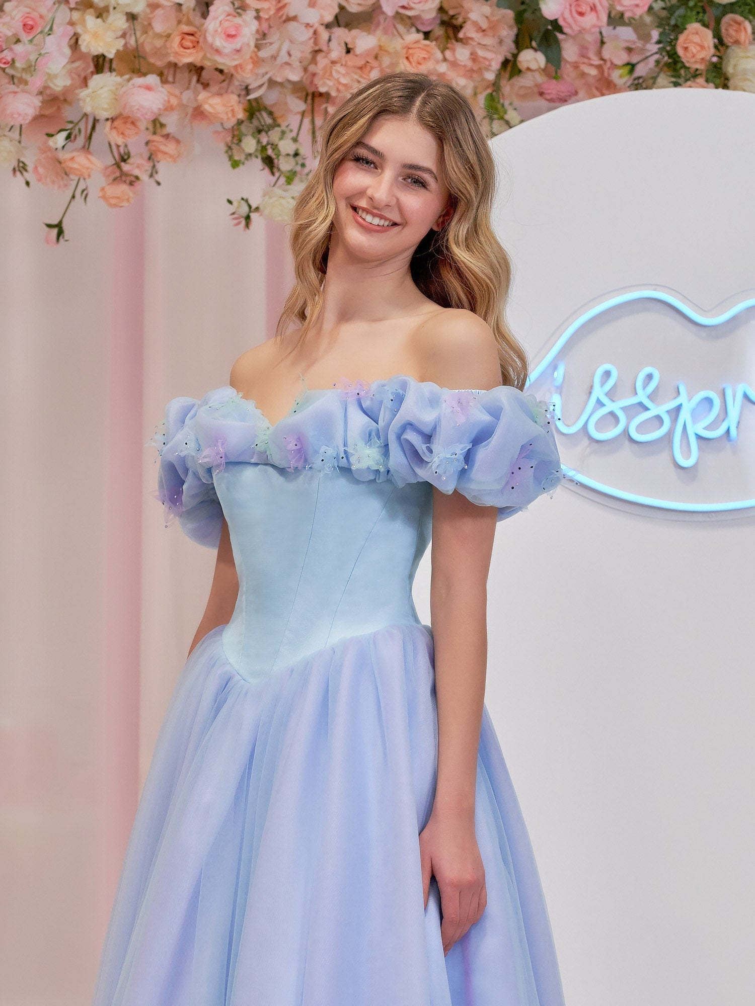 Isabel | Cinderella Blue Tulle Off the Shoulder With Crystals & Butterflies Ball Gown - Prom Dress - DINIBLO 