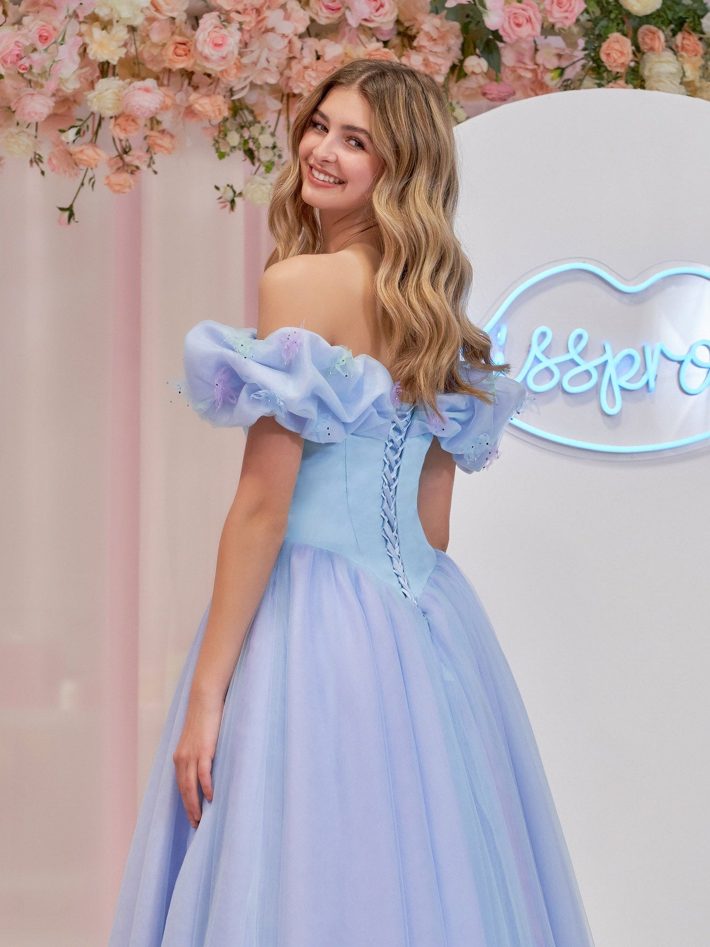 Isabel | Cinderella Blue Tulle Off the Shoulder With Crystals & Butterflies Ball Gown - Prom Dress - DINIBLO 