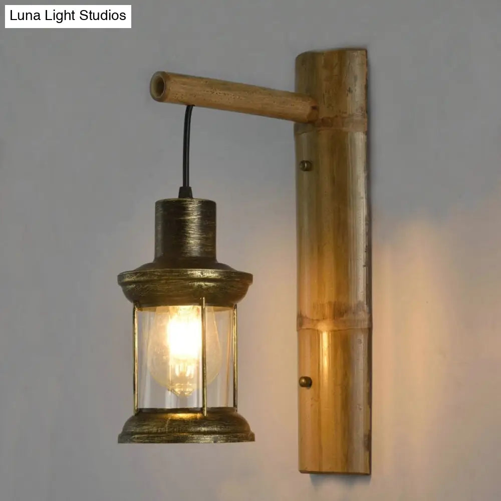 Coastal Lantern 1-Head Wall Light Sconce with Clear Glass and Bamboo Backplate -  - DINIBLO 