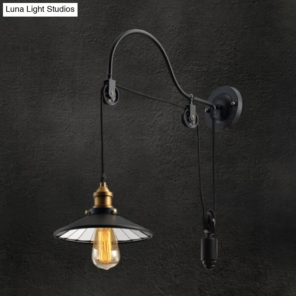 Conical Bedside Pulley Wall Light - Industrial Metal Black Lamp with Gooseneck Arm -  - DINIBLO 