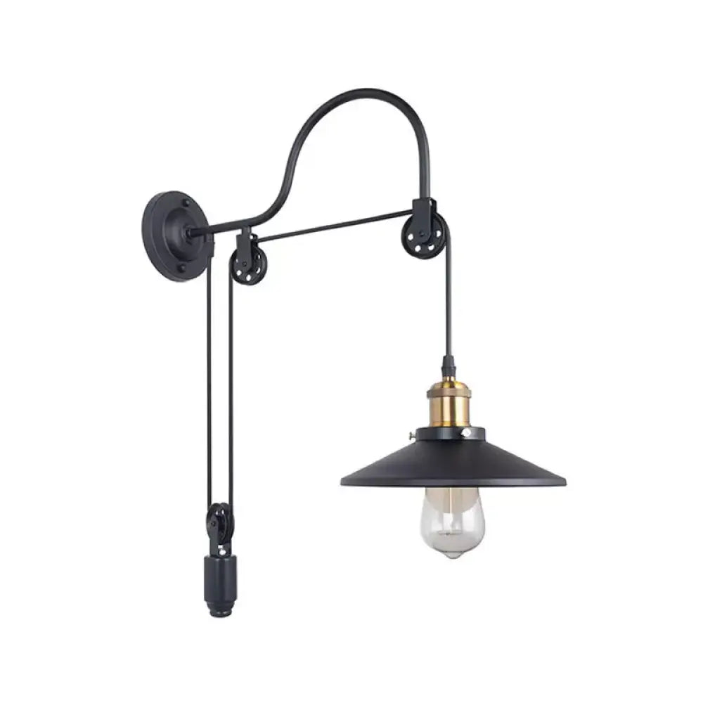 Conical Bedside Pulley Wall Light - Industrial Metal Black Lamp with Gooseneck Arm -  - DINIBLO 