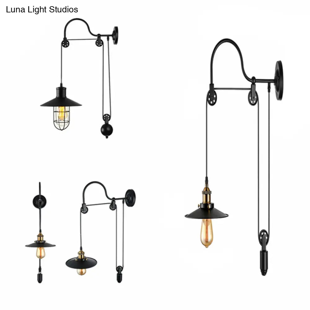 Conical Bedside Pulley Wall Light - Industrial Metal Black Lamp with Gooseneck Arm -  - DINIBLO 