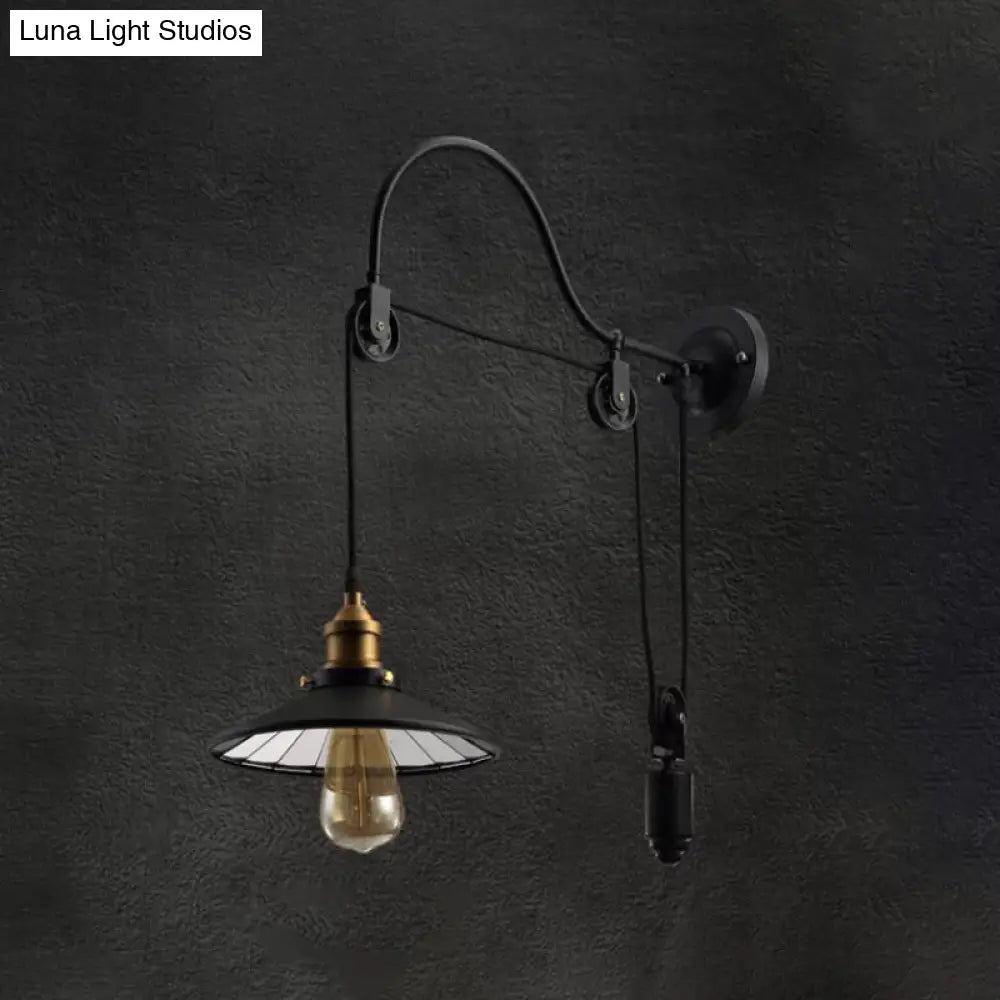 Conical Bedside Pulley Wall Light - Industrial Metal Black Lamp with Gooseneck Arm -  - DINIBLO 