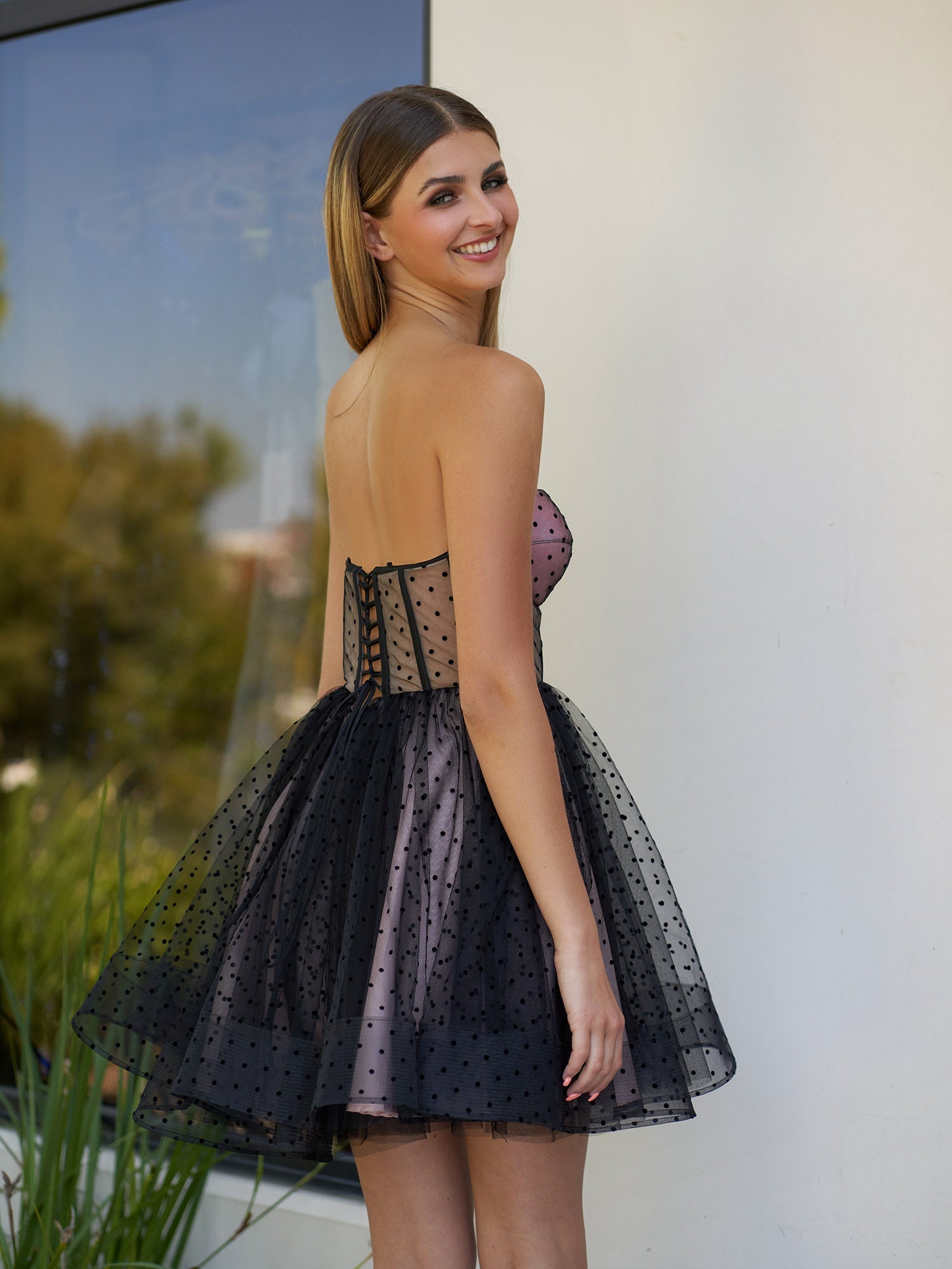 Eldona | A-Line Dotted Tulle Corset Short Homecoming Dress - Homecoming Dresses - DINIBLO 