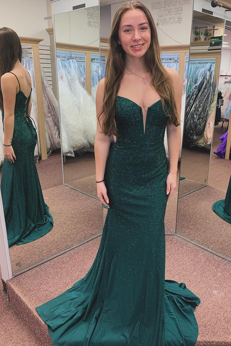 Dark Green Spaghetti Straps Beaded Mermaid Long Prom Dresses - Prom Dress - DINIBLO 