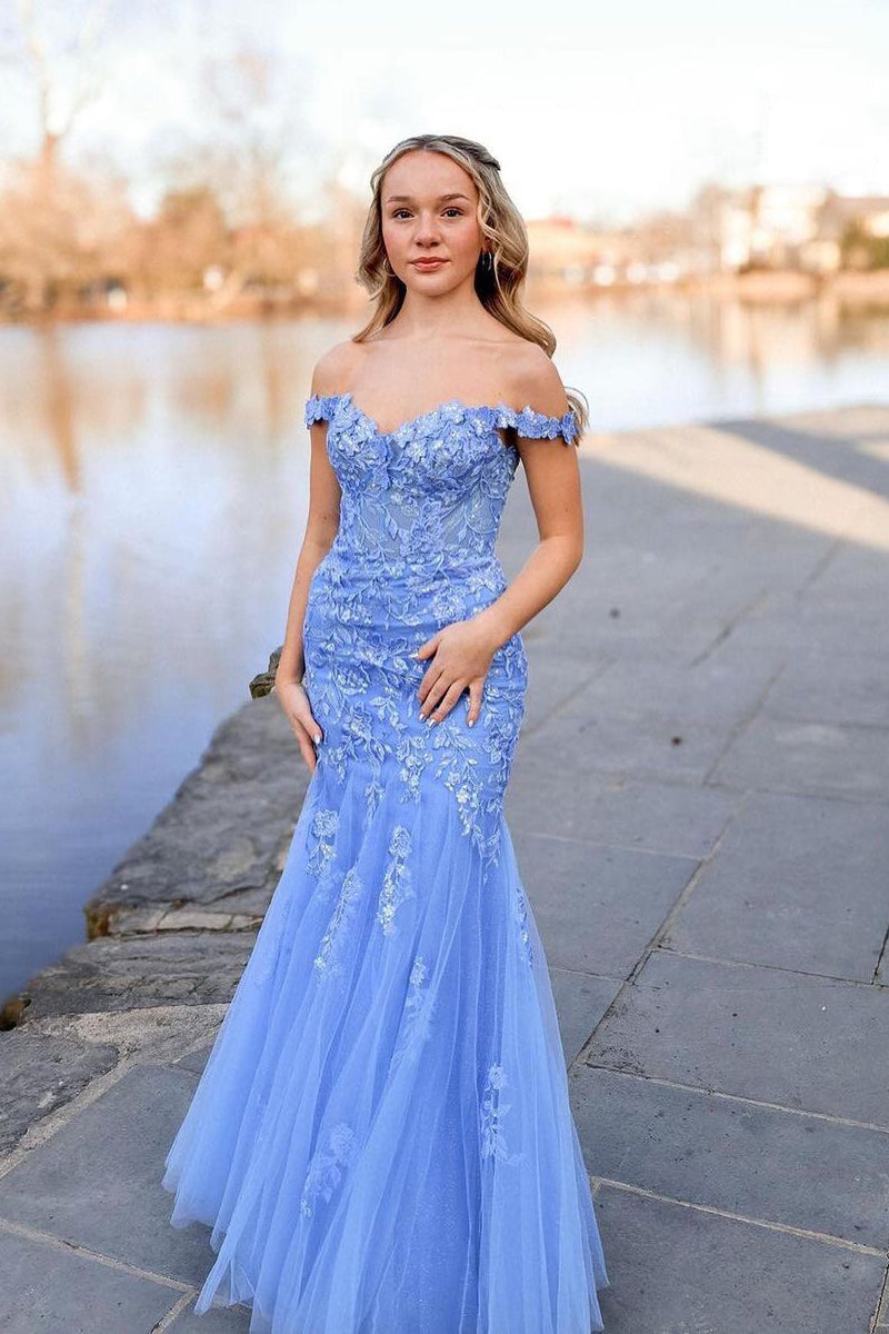 Lavender Off the Shoulder Tulle Appliques Mermaid Long Prom Dresses - Prom Dress - DINIBLO 