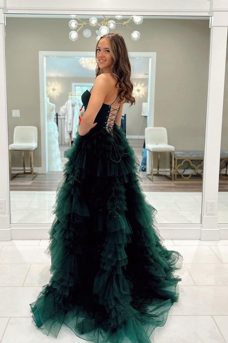 Dark Green Sweetheart Ruffle Tiered Tulle Long Prom Dresses with Slit - Prom Dress - DINIBLO 