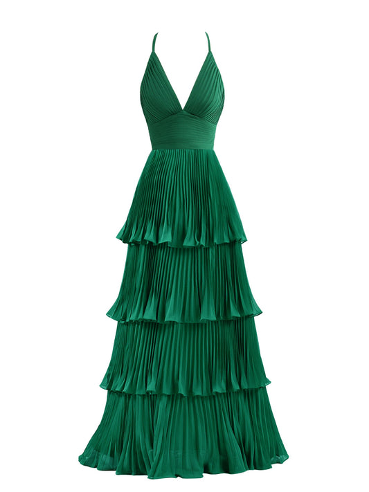 Dark Green A-Line Tiered Floor Length Chiffon Bridesmaid Dress - Prom Dress - DINIBLO 