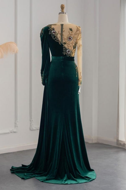 Dark Green Long Sleeves Jewel Mermaid Evening Dresses Prom Gowns With Ruffles - Prom Dresses - DINIBLO 