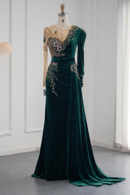 Dark Green Long Sleeves Jewel Mermaid Evening Dresses Prom Gowns With Ruffles - Prom Dresses - DINIBLO 