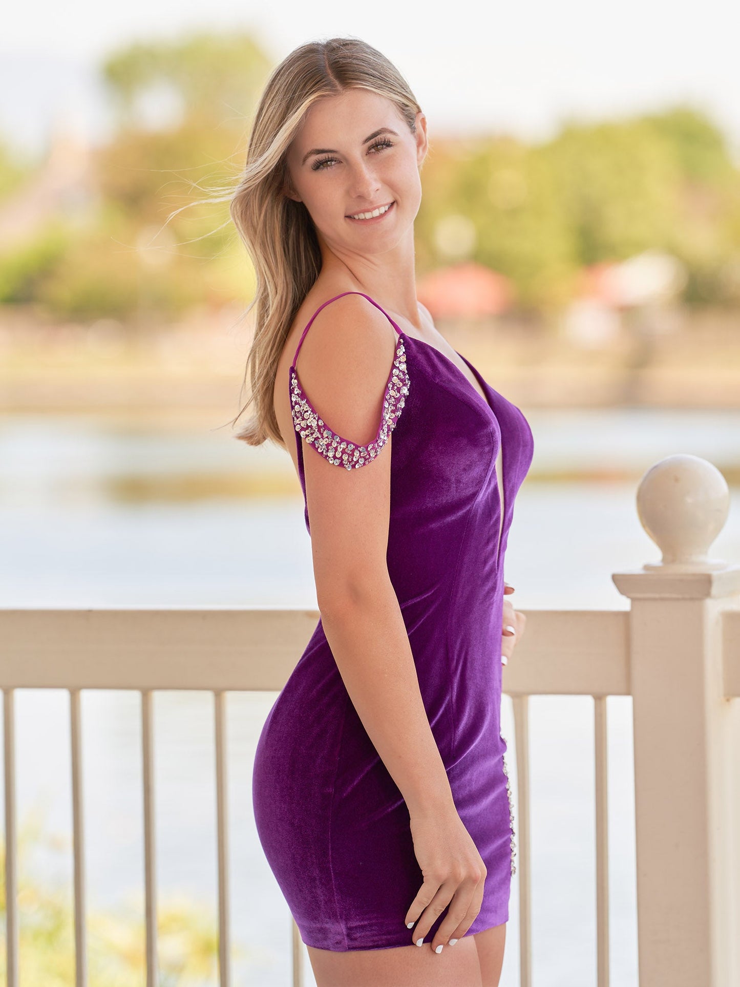 Delilah | Bodycon Velvet Deep V-Neck illusion Purple Beaded Homecoming Dress - Homecoming Dresses - DINIBLO 