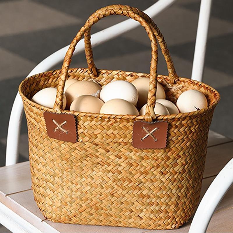 Rustic Natural Seagrass Woven Basket With Handle - Home Decor > Storage Containers > Storage Baskets & Bins & Boxes - DINIBLO 