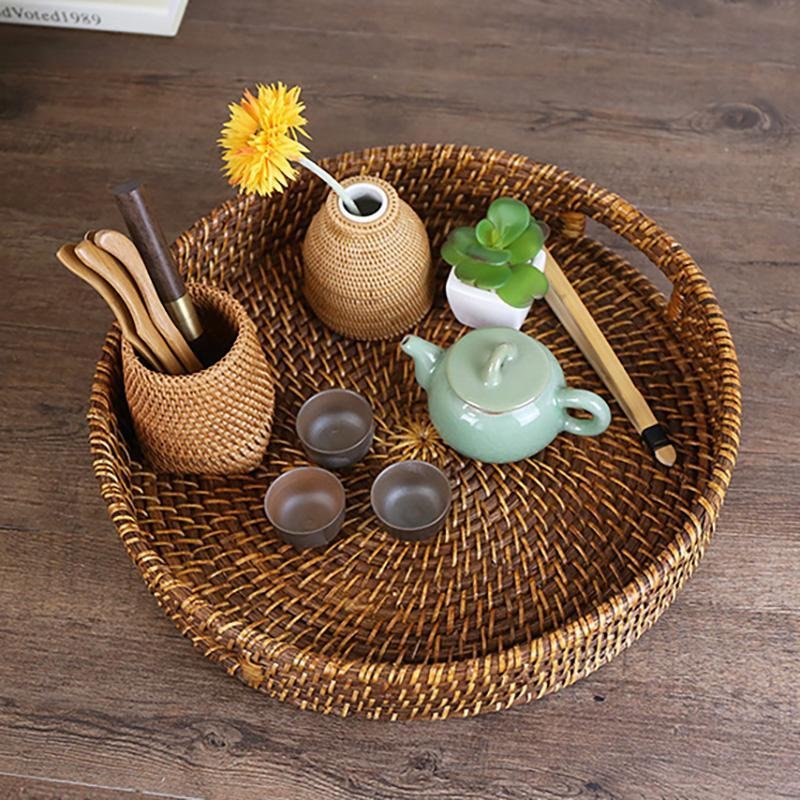 Rustic Round Wicker Rattan Basket Tray Serving Tray - Organization > Storage Containers > Storage Trays - DINIBLO 