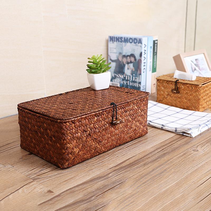 Rustic Straw Weaving Large Rectangular Storage Box - Organization > Storage Containers > Storage Baskets & Bins & Boxes - DINIBLO 