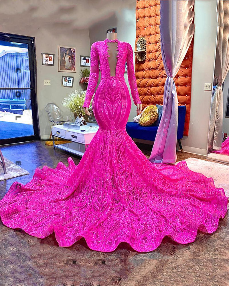 Designer Fuchsia Long Sleeves V-neck Mermaid Sparkle Long Prom Dress - Prom Dresses - DINIBLO 