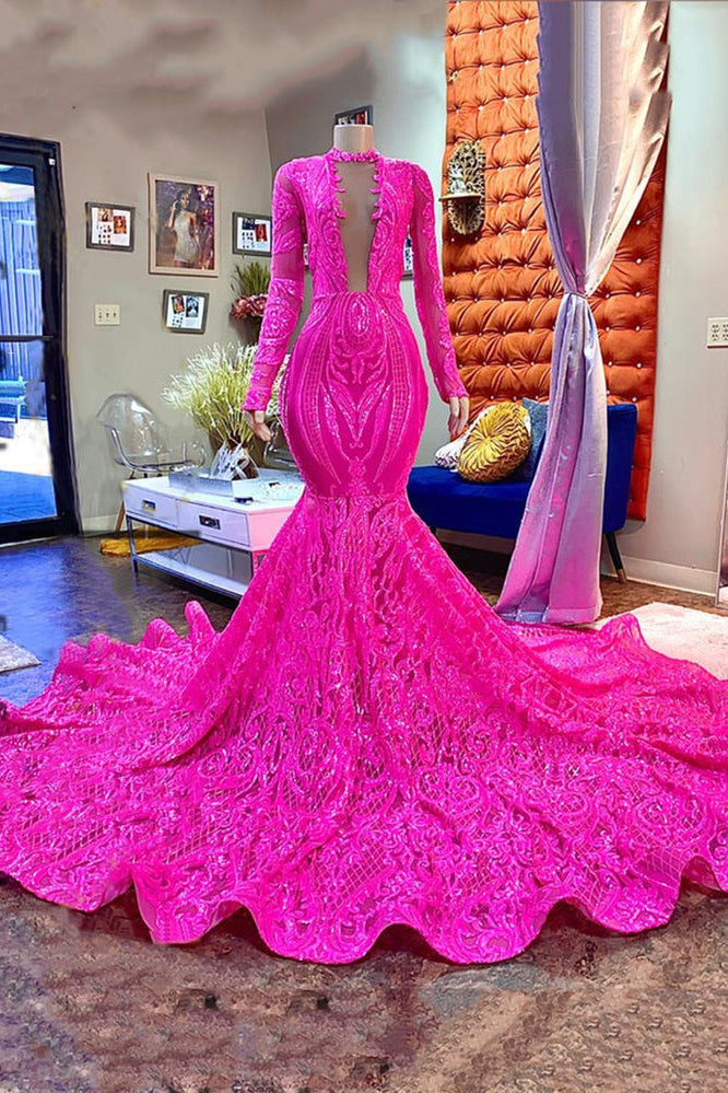 Designer Fuchsia Long Sleeves V-neck Mermaid Sparkle Long Prom Dress - Prom Dresses - DINIBLO 