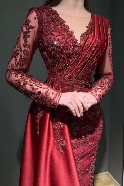 Designer Long Burgundy Lace Beading Mermaid Evening Dresses With Long Sleeves - Prom Dresses - DINIBLO 