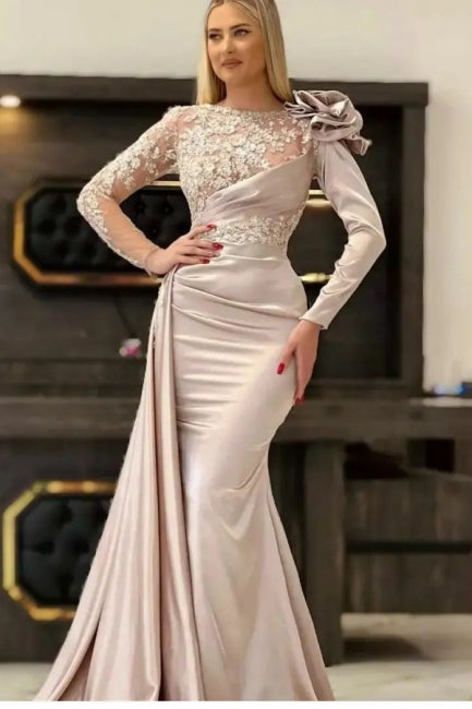 Designer Long Champagne Mermaid Lace Evening Dresses With Long Sleeves - Prom Dresses - DINIBLO 